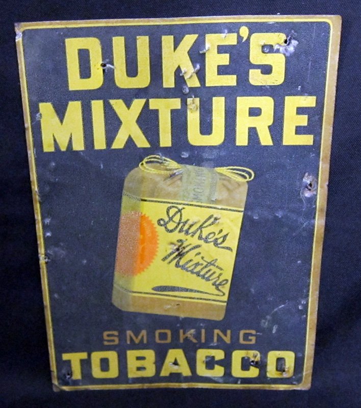DUKES MIXTURE TOBACCO SIGN: Litho tin; dents, dings, bends, holes, paint discoloration, rusting; 12" x 8 1/2", P-F