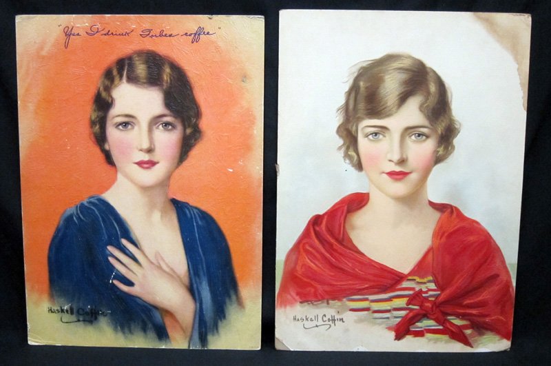 HASKELL COFFIN ADVERTISING SIGNS (2): Colorful litho paper on cardboard; (1) "Yes, I Drink Forbes Coffee"; easel backs; staining on one, rubs and wear on both; 21" x 15 1/2", F-G