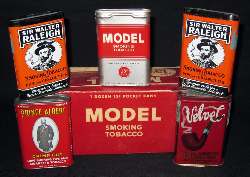 POCKET TOBACCO TINS (9): Litho tin; (4) Models with shipping box; (3) Sir Walter Raleigh, (1) Prince Albert; (1) Velvet; box: edges rough; crease beginning to tear; spottiness and faded; tins: minor dents, scratches, scrapes 