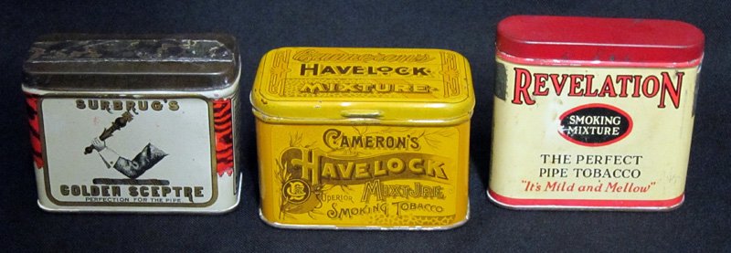 TOBACCO TINS (3): Litho tin; (1) Cameron's Havelock; (1) Surbrugs Golden Sceptre; (1) Revelation; minor dents and scratches; metal discoloration and spotty; tallest H-3", G-VG