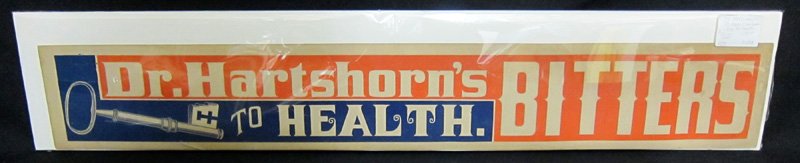 DR. HARTSHORN'S BITTERS ADVERTISING: Paper litho, small banner sign "Key to Health", red, white and blue; some toning; minor crease above key; very minor spotting, mostly on edges; 4 1/2" x 29", G-VG