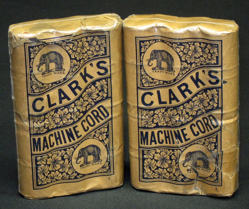 CLARKS SPOOL "MACHINE CORD" (2): Litho paper with spools; original unopened packaging; looks like (12) spools per pack; #10 Black - 100 Yards; some tears; H-6", G-VG