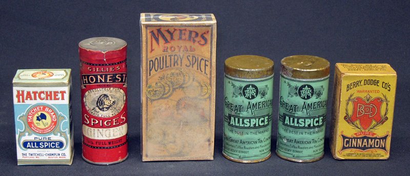 SPICE TINS & BOXES (6): Litho tin and cardboard; A&P, Myers, Berry Dodge, Hatchet, Gillies; many great graphics; some wear and fading; tallest H-5", G-VG