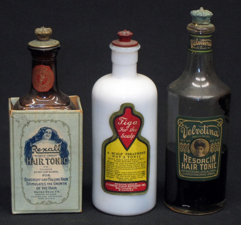 BARBER & HAIR PRODUCTS (3): Glass and milk glass bottles with paper labels; H-6 1/2" - 7 1/2", G-VG
