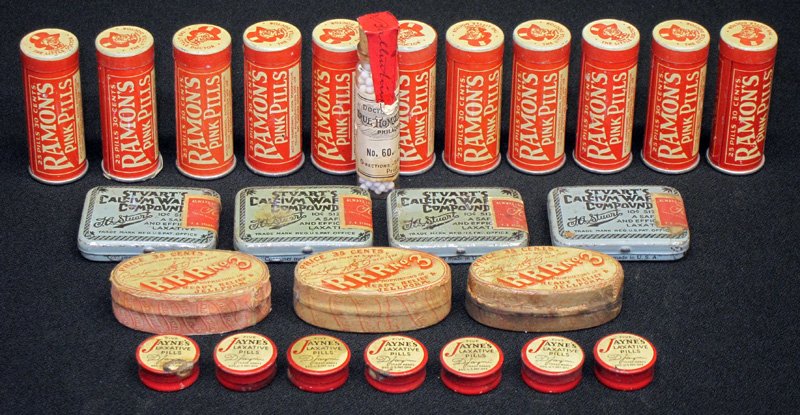 MEDICINAL LAXATIVES, ETC. (25 +/-): Litho tin and cardboard; many with product: Ramon's, Stuarts, Jaynes, Radway; normal wear; H-2" +/-; G-VG