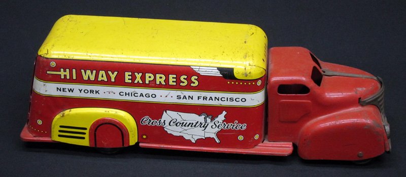MARX HIGHWAY EXPRESS TRUCK: Litho metal; replaced back door; scratches; significant loss to driver side back wheel well; L-16", F-G