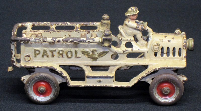 AUTOMOTIVE FIRE PATROL: Painted cast iron; missing figures; rust on wheels; paint chips; L-7", F-G