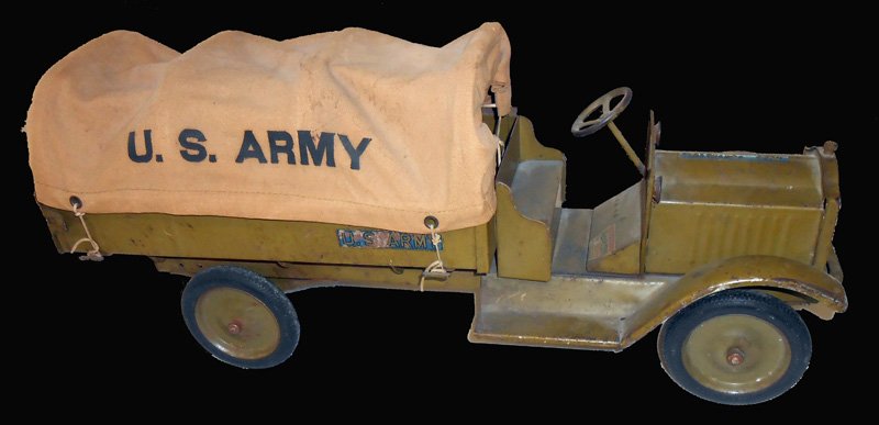 KEYSTONE U. S. ARMY TRANSPORT TRUCK: Packard painted pressed steel with canvas top; decals original but worn; L-26", F-G