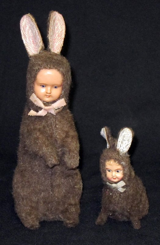 RABBIT CANDY CONTAINERS (2): Cloth and celluloid over papier mache; minor wear; H-4"-9", VG-EX