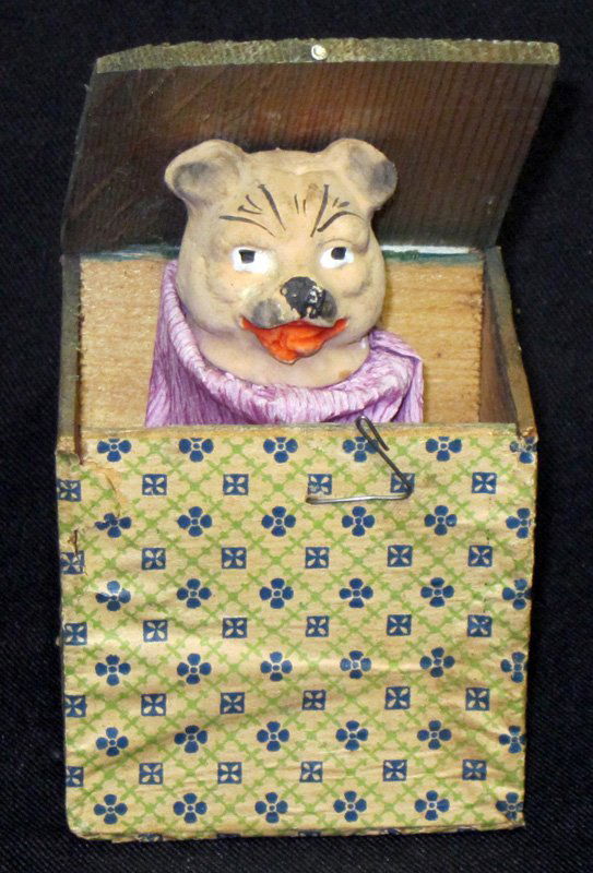 DOG JACK-IN-THE-BOX: German; composition; squeaks; H-4 1/2", G