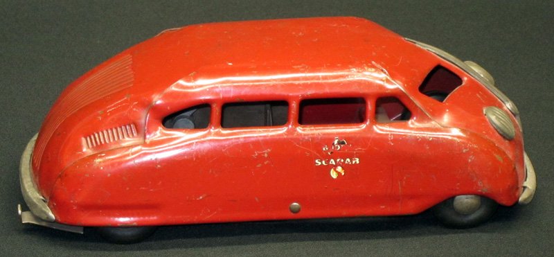 BUDDY L SCARAB CAR: Pressed steel; mechanical; working; decal loss and minor scratches; L-10", G-G+