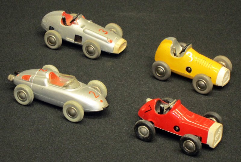 SCHUCO MICRO RACERS (4): Painted metal; mechanical; (3) working: #1041, #1042, #1043; (1) not working #1037 Porsche; wear on some; L-3"-4", G-VG