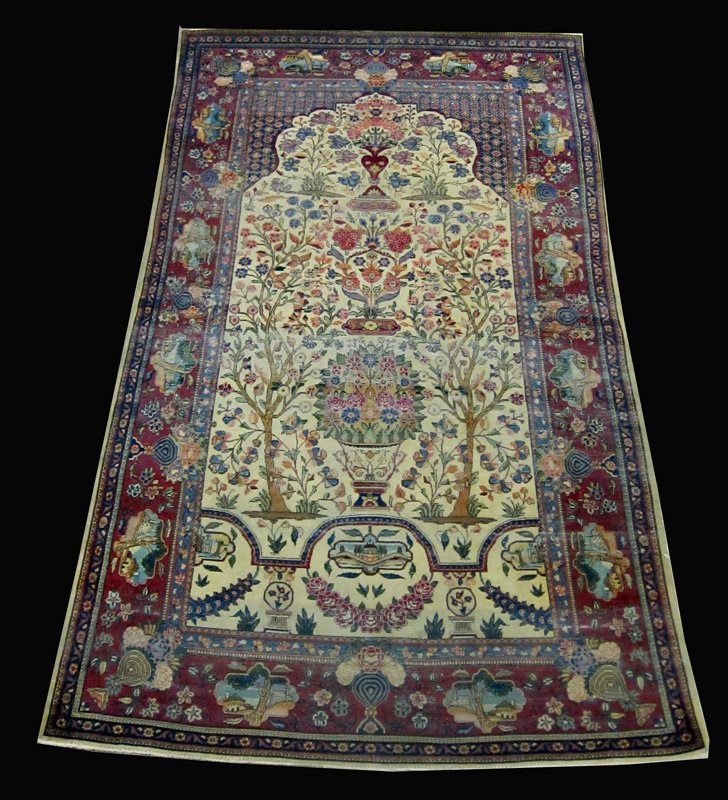 ORIENTAL THROW RUG: Wear and low areas; 83" x 52", F