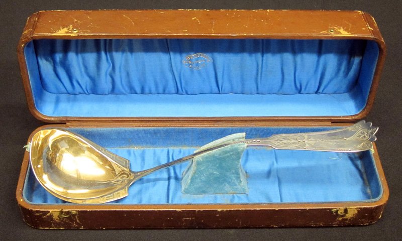 COIN SILVER LADLE: Cased; P. Fries & Son; engraved "George Florence"; L-12 1/2", VG-EX