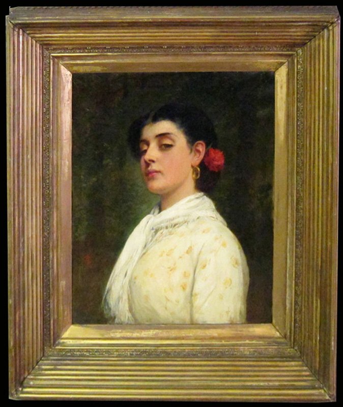 PORTRAIT PAINTING OF YOUNG WOMAN: C.S.L. monogram; gilt frame; patch repair on reverse; 21" x 19", G