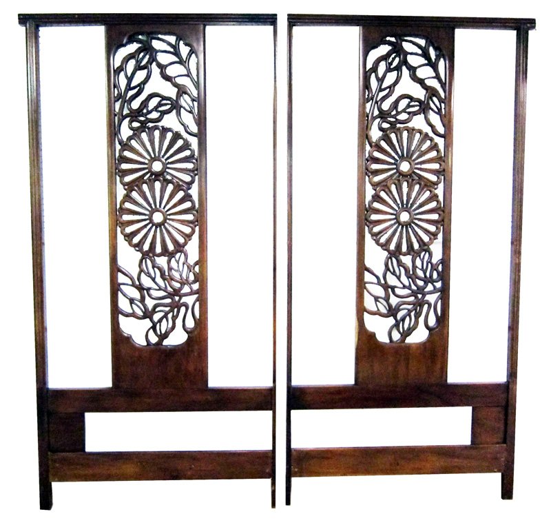WIDDICOMB MID CENTURY BED: Headboard only; carved mahogany with flower and foliate design; H-82", W-80"