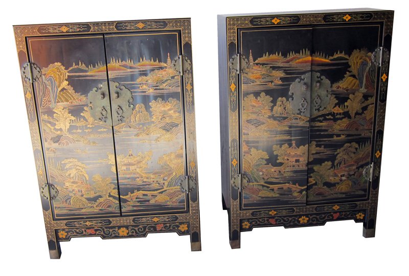 PAIR CHINESE LACQUERED CABINETS: Chinoiserie decorated; minor wear; H-36", L-24", G-VG