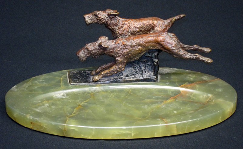 BRONZE HOUND VALET: Pair bronze running hounds mounted on alabaster indented tray; signed illegibly; H-14", VG