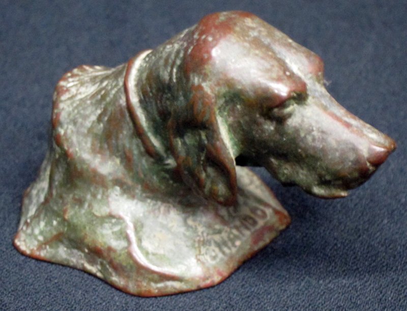 TIFFANY BRONZE SETTER PAPERWEIGHT: "Tiffany Studios - New York 889"; original patina; H-2 1/4", G-VG