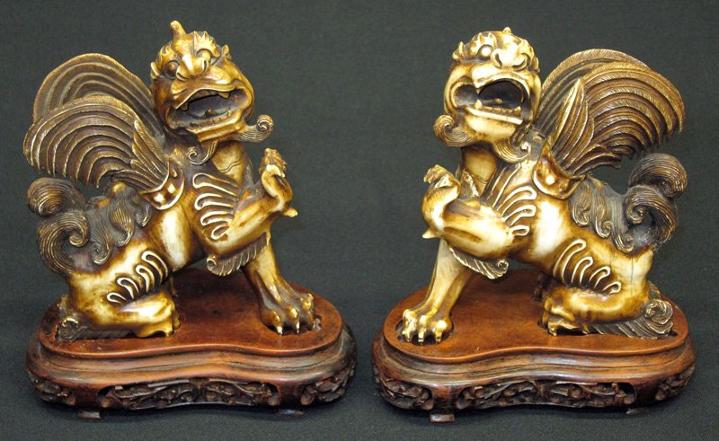 ANTIQUE ORIENTAL FOO DOGS: Resting on wood bases; H-7", VG-EX