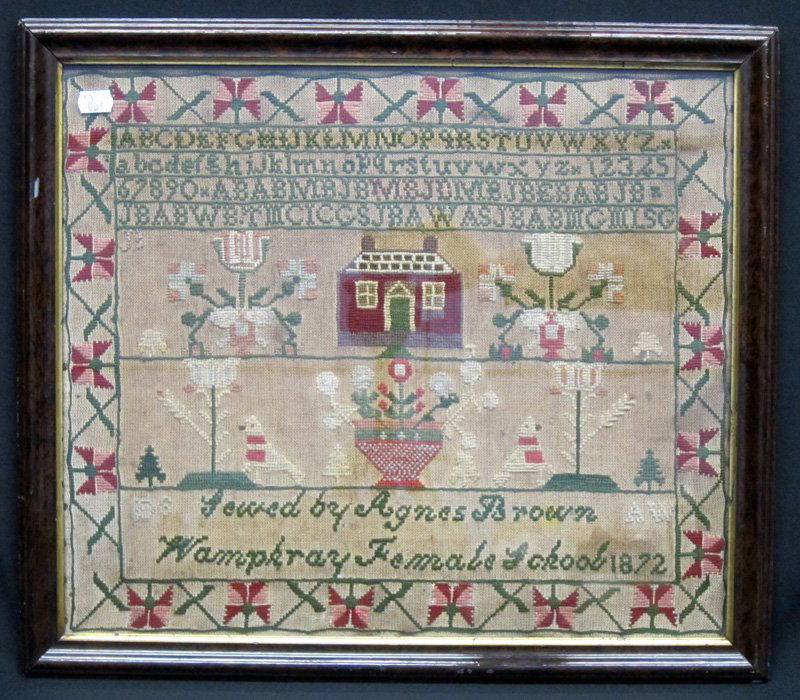 ALPHABET SAMPLER: Cottage, flowers, birds; Agnes Brown - Wamphray Female School 1872; yarn stitched; framed; some toning; 16" x 20", G-VG