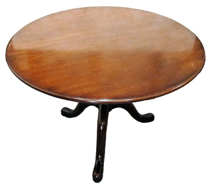 GAMING TABLE & CHAIRS: Mahogany, round table with Queen Anne style pedestal, together with (4) Kittinger Captain's chairs; leather upholstery; minor crazing and pin holes; normal wear and scratches; Dia.-41 1/2", G-VG