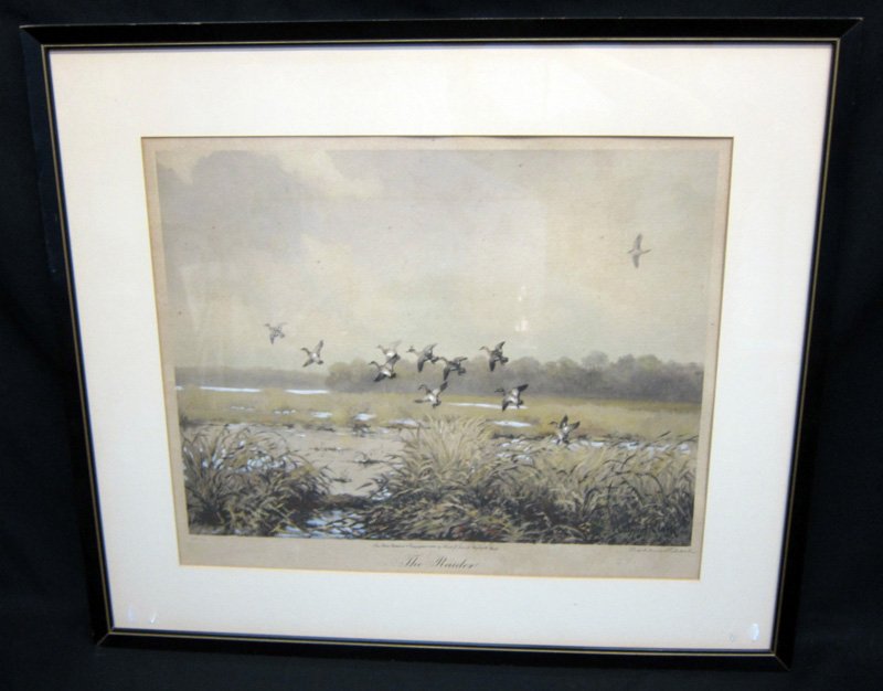 ROLAND CLARK "THE RAIDER" PRINT: Color engraving, pencil signed 132 / 250; toning and minor foxing; matted and framed; 16" x 19", F-G