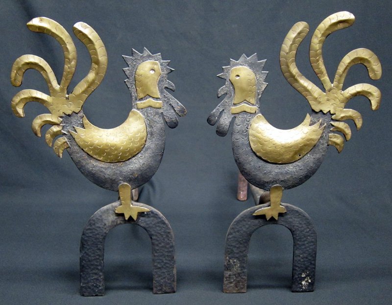 ROOSTER ANDIRONS: Wrought iron and brass; H-17", VG-EX