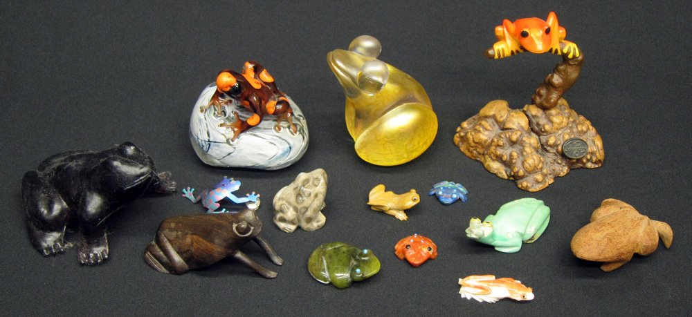 COLLECTION OF FROGS: Stone, glass, wood, composition and abalone; some signed: Bernard Homer Jr., J. Ditchfield, John Perry, etc.; tallest H-5 1/2", G-VG