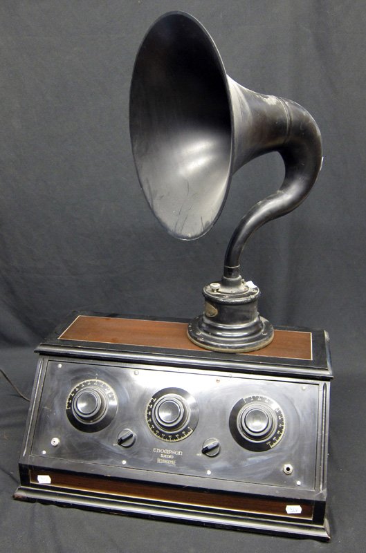 THOMPSONS S-60 RADIO: Neutrodyne; wood case together with "The Thompson" question mark shaped horn speaker; untested; horn H-23", radio L-23", VG-EX