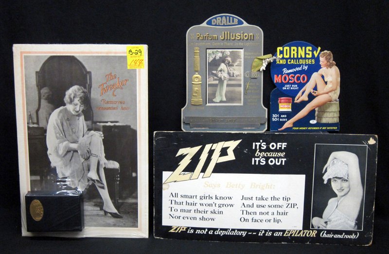 LADIES TOILETRIES ADVERTISING & PRODUCT (4): Photo and paper litho; (1) Parfum Illusion: easel back; (1) Corns & Callouses: easel back; (1) "The Tweaker": easel back with instrument; (1) "Zip" Hair Remover; tallest H-20", G-VG