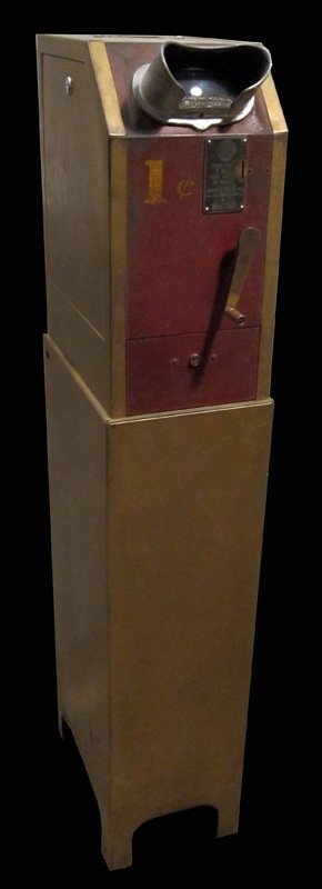 INTERNATIONAL MUTOSCOPE: 1 cent metal case and stand; models; electric untested; locked with no key; missing marquee; H-52", F-G