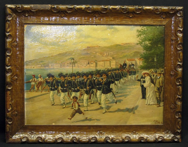 MILITARY BAND PAINTING: Oil on cardboard of military parade with woman in white dress photographing; framed; minor edge roughness; 16" x 21", G