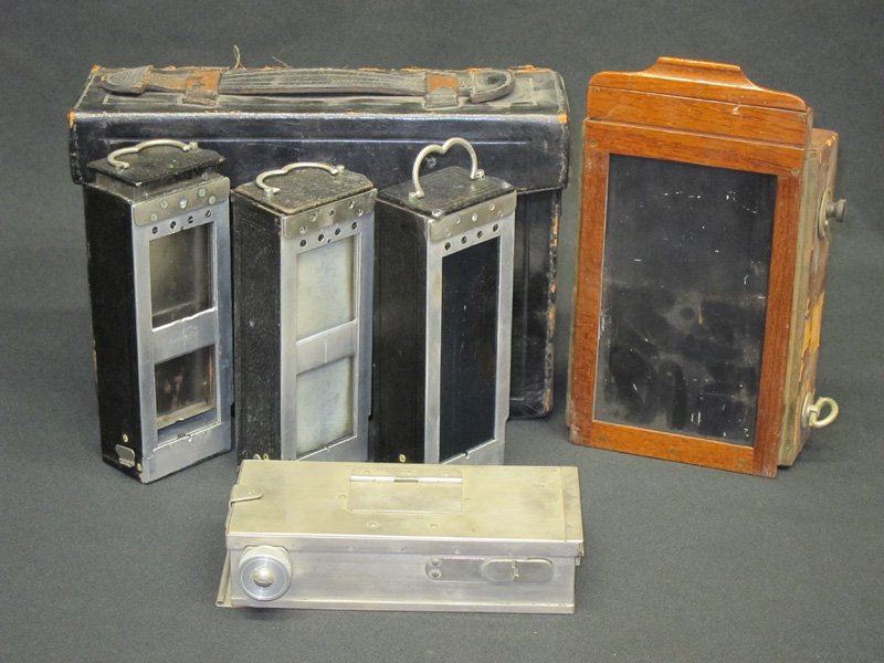 FILM ROLLERS, ETC. (5): (3) in case; wood, metal; L-7", F-G