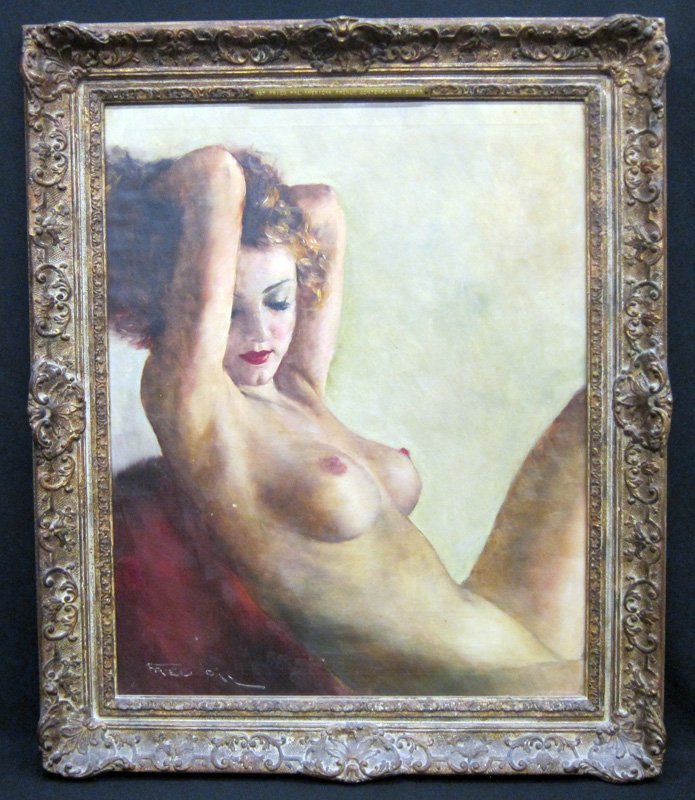FRIED PAL NUDE PAINTING: Oil on canvas; signed lower left; Haussner's Provenance; gesso frame has minor chips; shows stretcher line; 30" x 24", G-VG