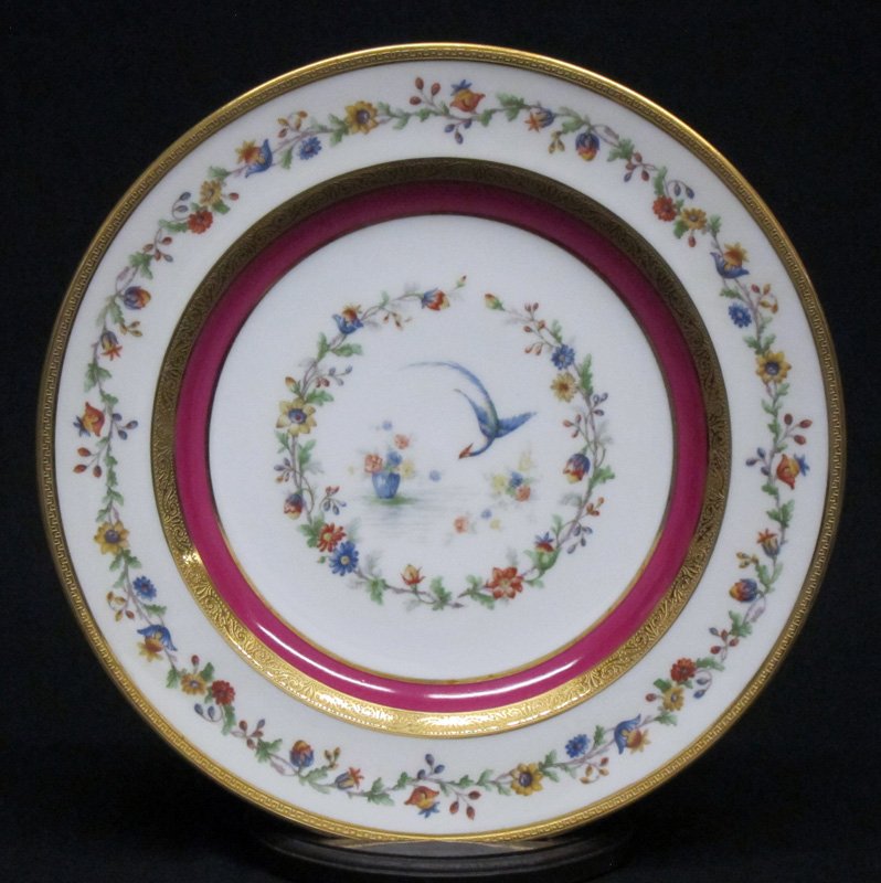 THEODORE HAVILLAND SERVICE PLATES: Set of (12); transfer and gilt decoration with Chelsea bird; Dia.-10 1/4", VG-EX