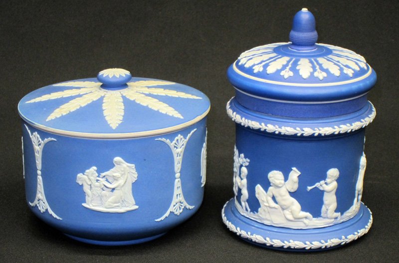 WEDGWOOD COVERED JAR (2): Royal blue jasperware; slight spotting on low jar; highest H-6 1/2", EX