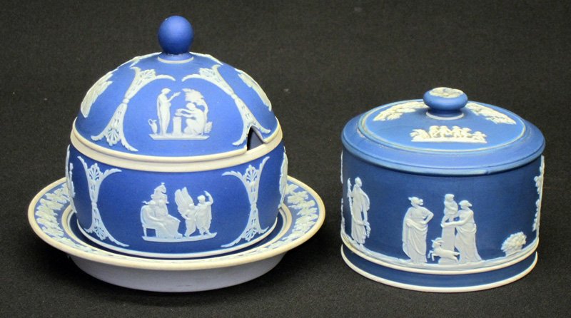 WEDGWOOD COVERED BOWLS (2): Royal blue jasperware; (1) preserve jar with underplate; (1) sugar bowl; crazing on interior of bowl with underplate; tallest H-4 1/2", VG-EX