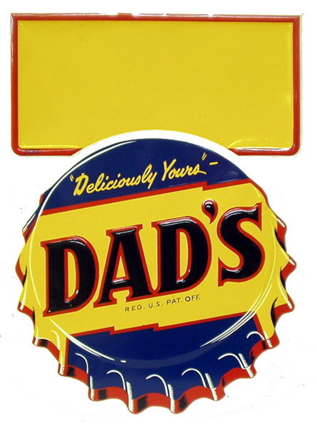 DAD'S ROOT BEER DIE-CUT BOTTLECAP SIGN: Embossed litho tin; minor scratches and rubs; minor factory bubbles; 28" x 20", EX.