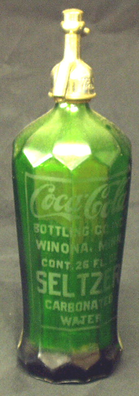 COCA-COLA SELTZER BOTTLE: Green glass 10 paneled sides with etched label; Winona, Minn. H-12", G-VG.