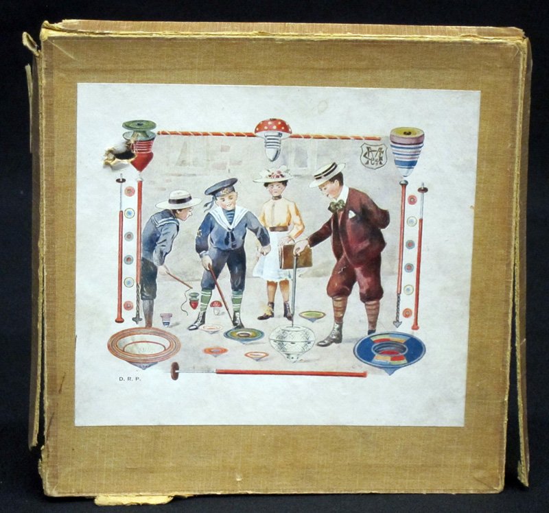 EARLY MARKLIN SPINNING TOY: Painted tin; original box; box torn, missing flap and punctured; Box L-8", VG