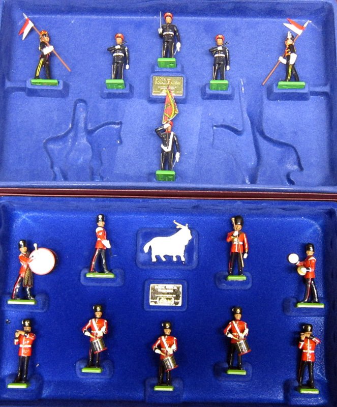 BRITAINS MILITARY FIGURES (2) SETS: Painted pot metal; (1) The 9th / 12th Royal Lancers figures: No. 238, (6) figures, missing (2) horsemen; original box; (1) The Royal Welch Fusiliers: No. 3535, (10) figures, original box