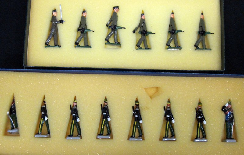 DORSET MILITARY FIGURES (2) SETS: Painted pot metal; (1) The Kings Regiment: #79 out of 200, (6) figures, original box; (1) The 5th Royal Inniskilling Dragoon Guards Marching: #51 of 200, (8) figures, original box