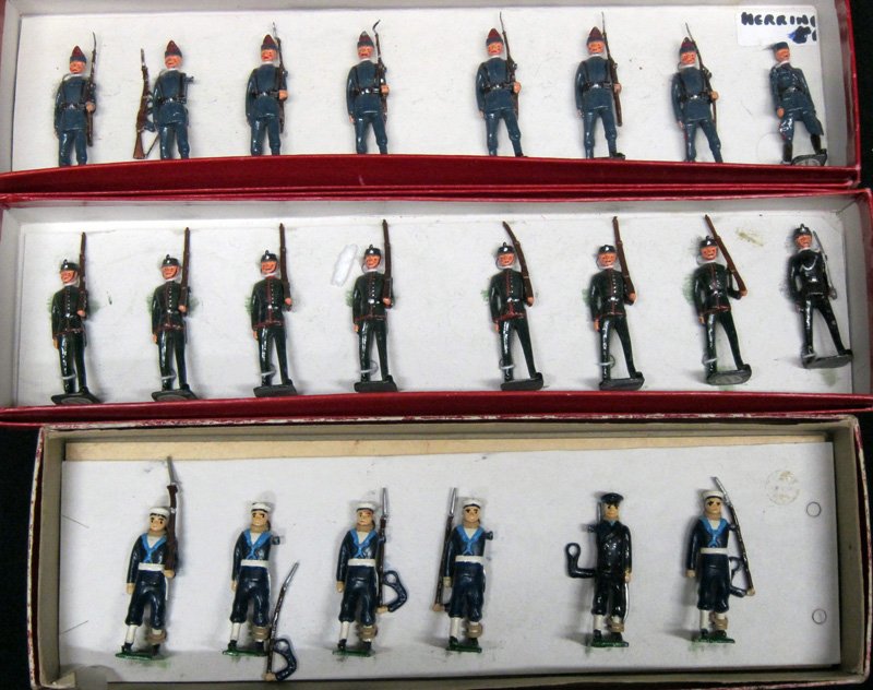 MILITARY FIGURES (3) SETS: Painted pot metal; (1) Britannia Limited Figures Royal Navy: (6) figures, arms detached but present, in box; (1) military figures: (8) in box; (1) military figures (8) in box
