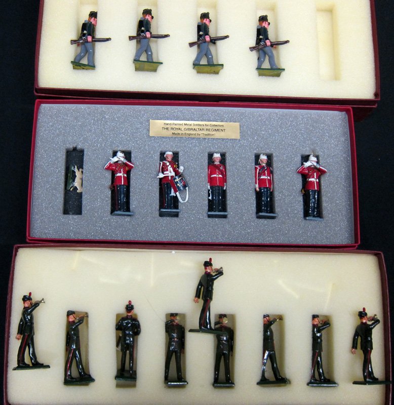 MILITARY FIGURES (3) SETS: Painted pot metal; (1) Tradition the Royal Gibraltar Regiment: Set No. GR1, (6) figures, in box; (1) Soldiers of the World: (4) figures, in box; (1) Soldiers of the World: (9) figures, in box
