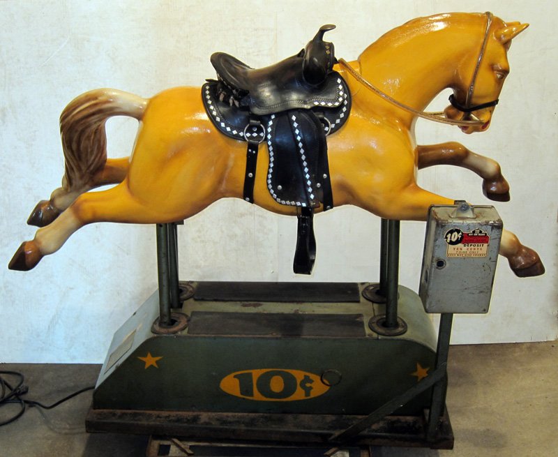 HORSE AMUSEMENT RIDE: 10 Cents; fiberglass on metal base; leather saddle; coin op but not working; some wear; L-67", H-55", W-24", F-G