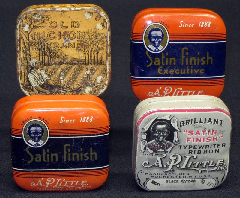 BLACK SUBJECT TYPEWRITER RIBBON (4): Litho tin with images of Blacks; scratches and wear; H-2 1/2", F-G