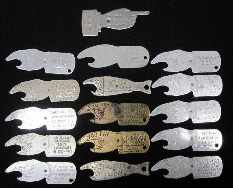 FIGURAL HAND ADVERTISING SPINNERS (16): Die-cut sheet metal and aluminum; some bottle openers; advertising various products: Jack Daniels, Beer, Political, Various products; L-3 1/4", G-VG