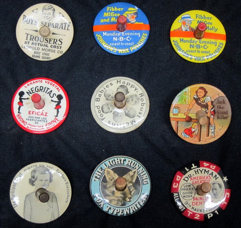 ADVERTISING TWIRL TOPS (9): Dentist, Negritas, typewriter, etc.; celluloid; Dia.-1 1/2", G-VG