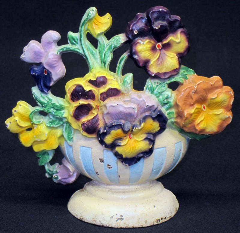 HUBLEY PANSIES DOORSTOP: Painted cast iron; minor chips; L-7 1/2", VG-EX